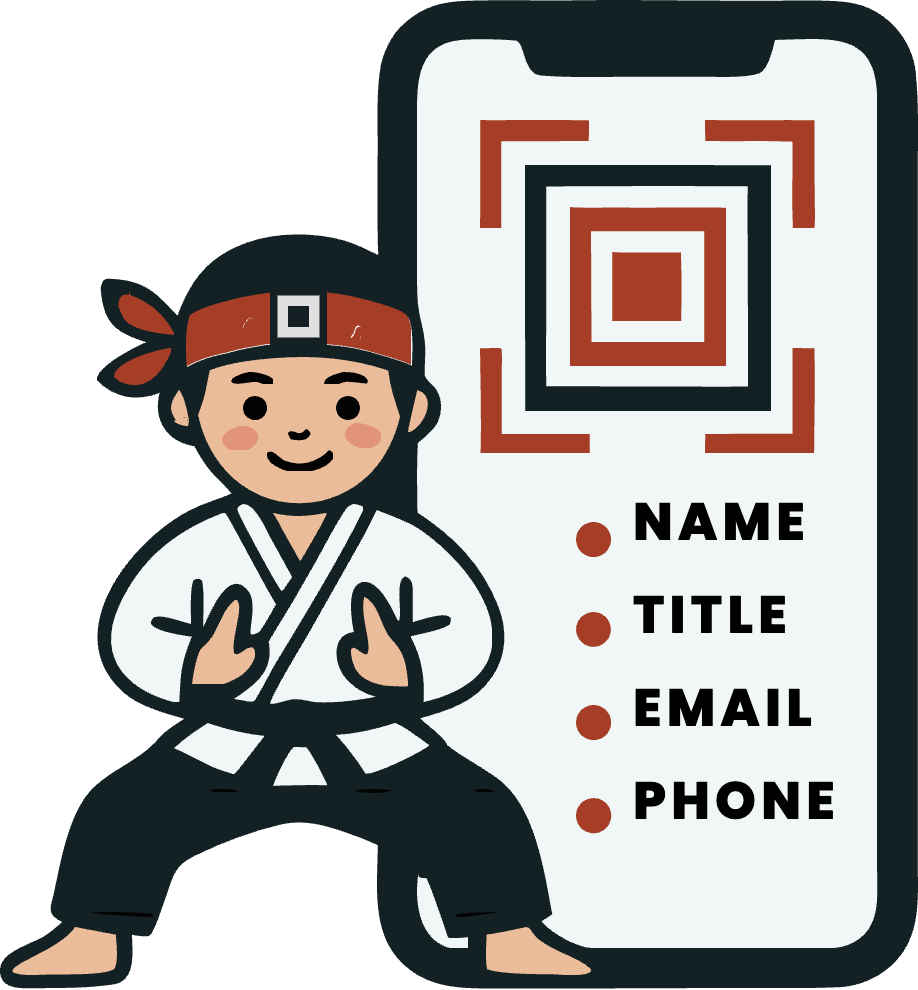 The QR Sensei mascot showing a Digital Business Card on a phone